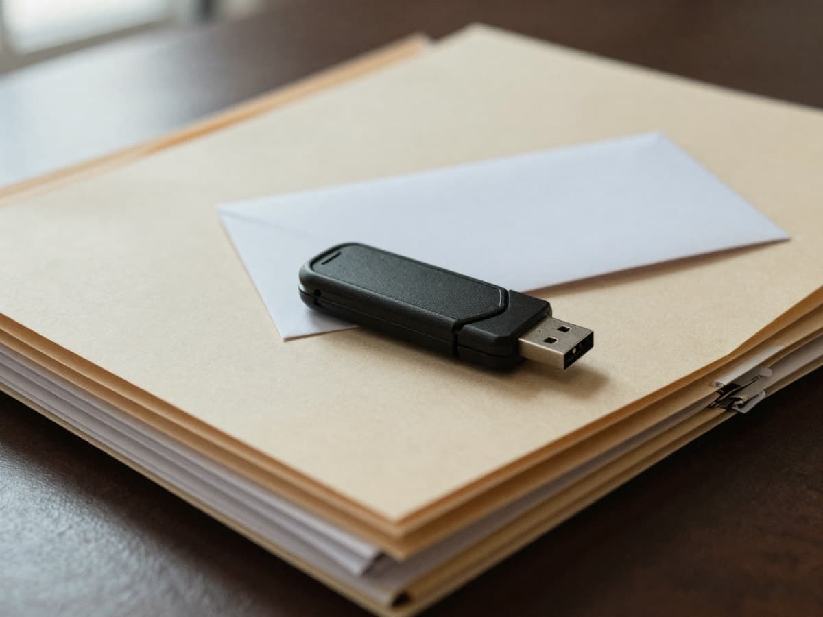 USB flash drive on manila chart folders beside a sealed letter, the Medicare Advantage diagnosis corrections behind the $342M overpayment