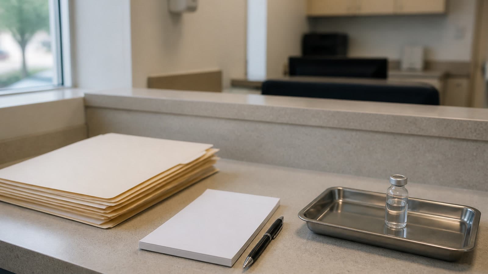 Unmarked claim folders and an unlabeled vial on a billing desk, standing in for CMS ASC Encelto J3403 fractionated-billing guidance.
