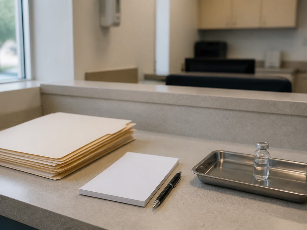 Unmarked claim folders and an unlabeled vial on a billing desk, standing in for CMS ASC Encelto J3403 fractionated-billing guidance.