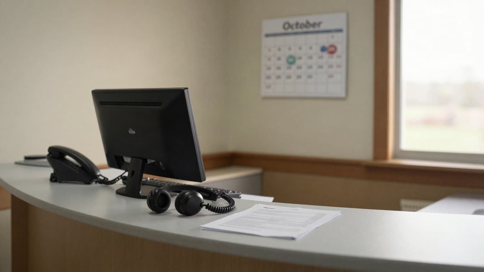Rural clinic billing desk with a headset and an October wall calendar, illustrating the RHC and FQHC telehealth switch off code G2025.