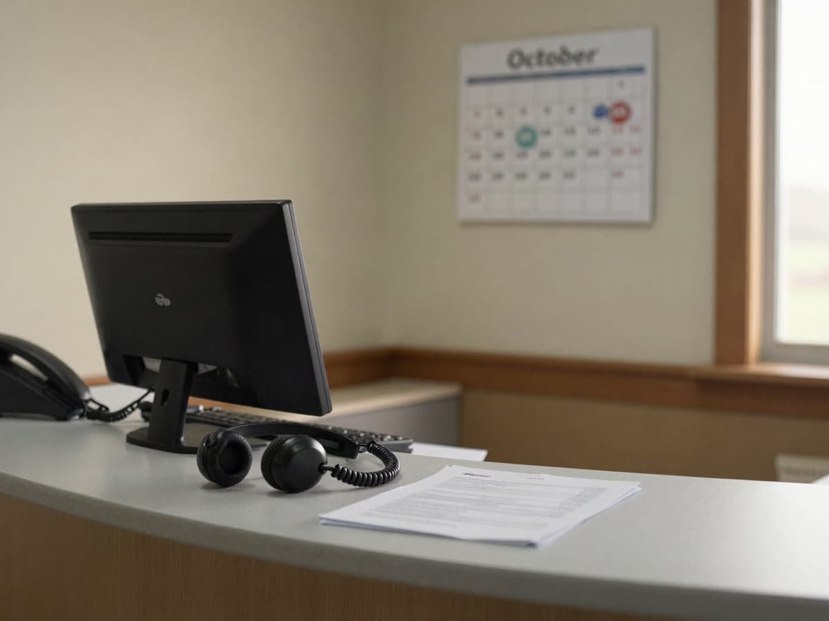 Rural clinic billing desk with a headset and an October wall calendar, illustrating the RHC and FQHC telehealth switch off code G2025.