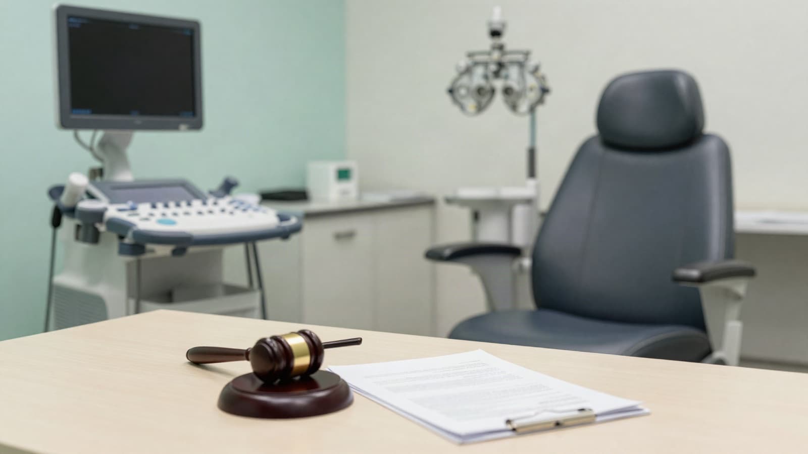 An ultrasound machine and eye-exam chair beside a wooden gavel, the diagnostic-test billing at issue in the ophthalmology settlement