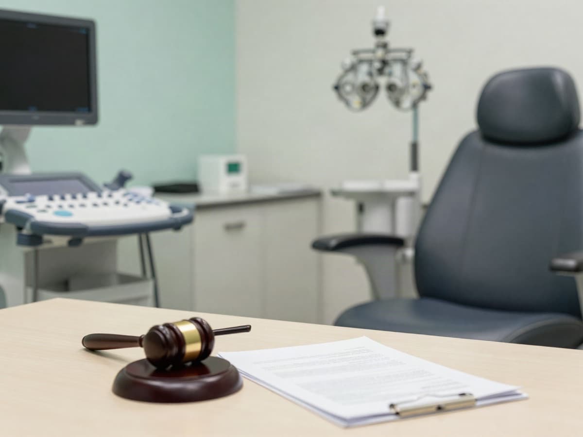 An ultrasound machine and eye-exam chair beside a wooden gavel, the diagnostic-test billing at issue in the ophthalmology settlement