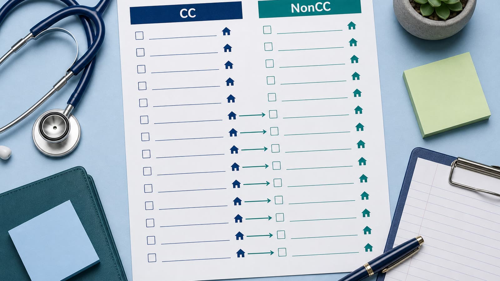 A coder's CC/NonCC worksheet marks 10 housing-related ICD-10-CM Z codes changing from CC to NonCC on October 1, 2026.