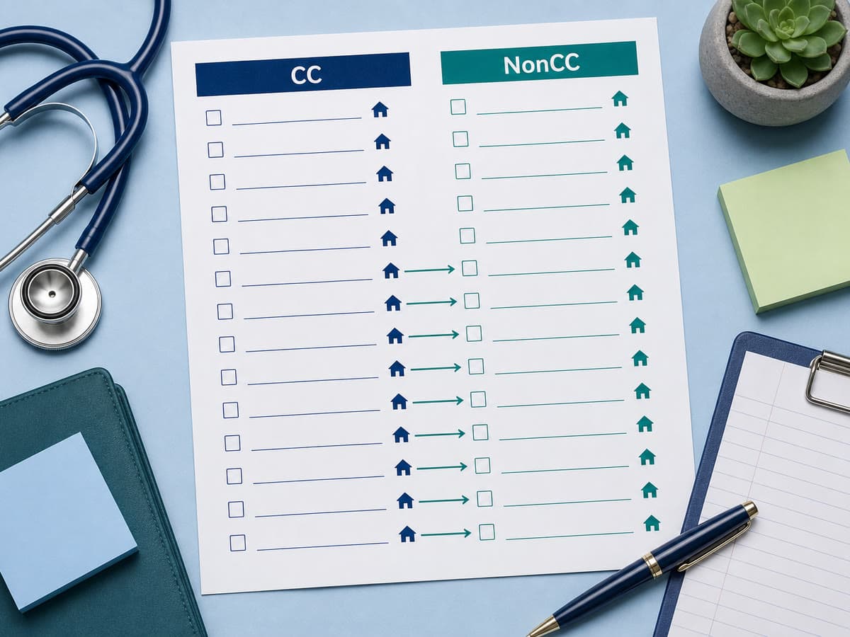 A coder's CC/NonCC worksheet marks 10 housing-related ICD-10-CM Z codes changing from CC to NonCC on October 1, 2026.