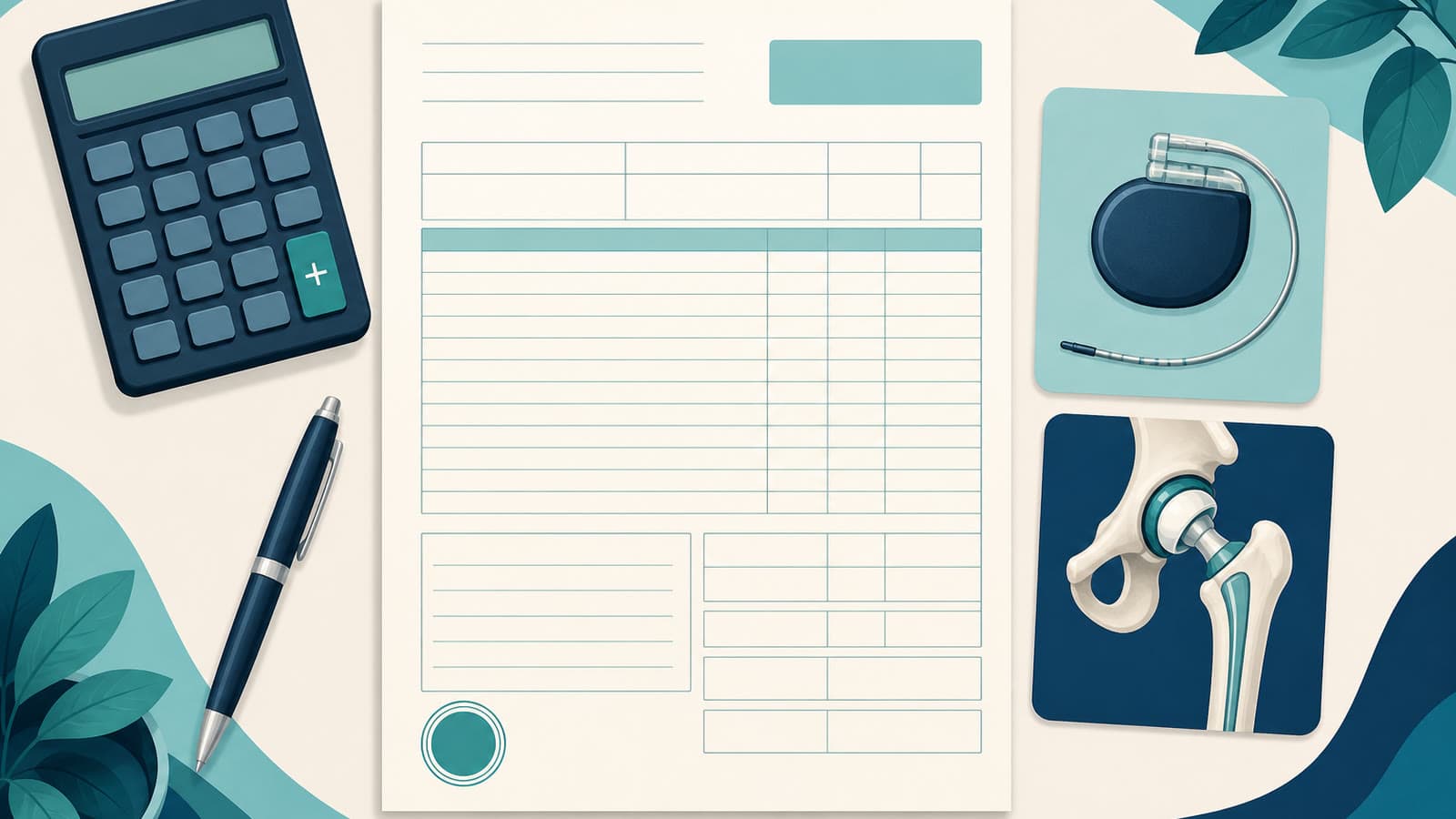A hospital billing worksheet marks MS-DRGs 210, 211, and 449 as added to the FY 2027 replaced-device credit list effective October 1, 2026.