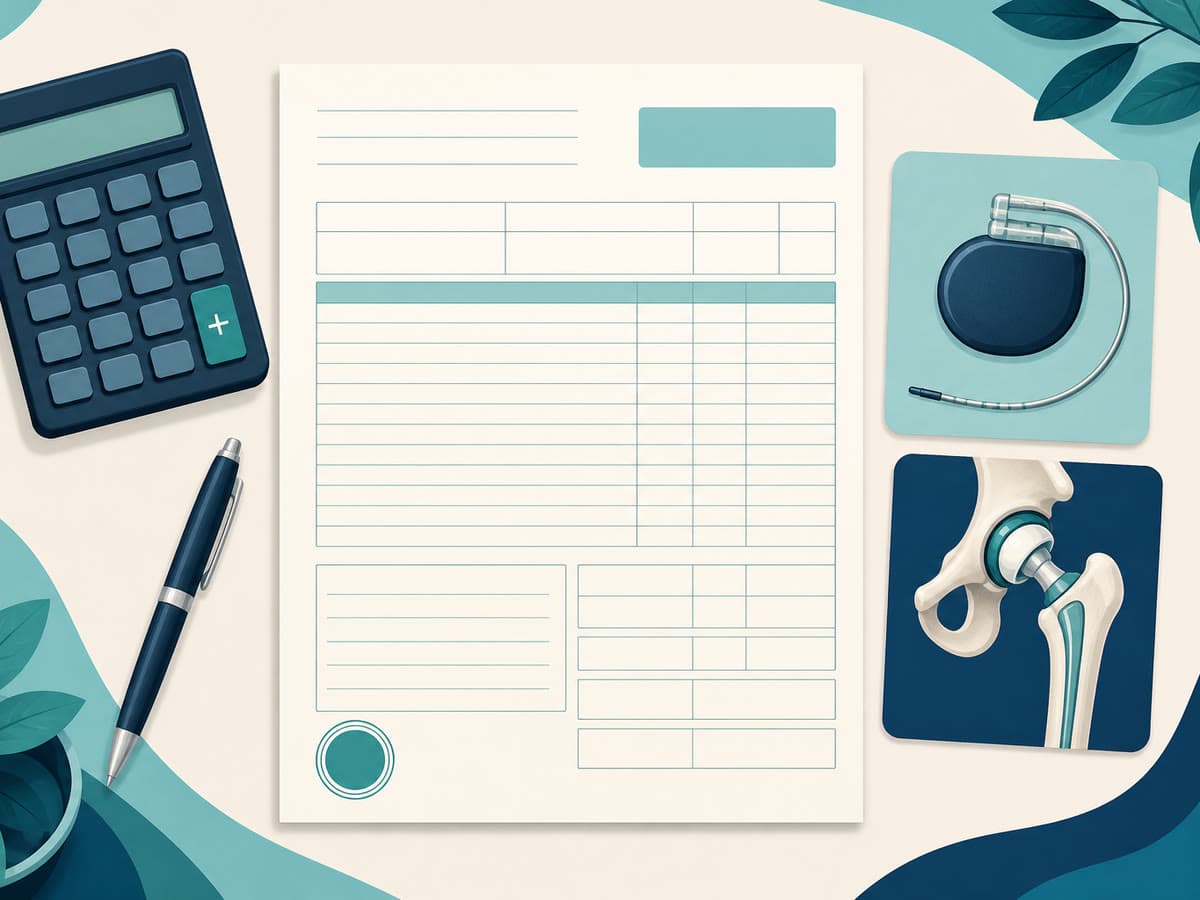 A hospital billing worksheet marks MS-DRGs 210, 211, and 449 as added to the FY 2027 replaced-device credit list effective October 1, 2026.