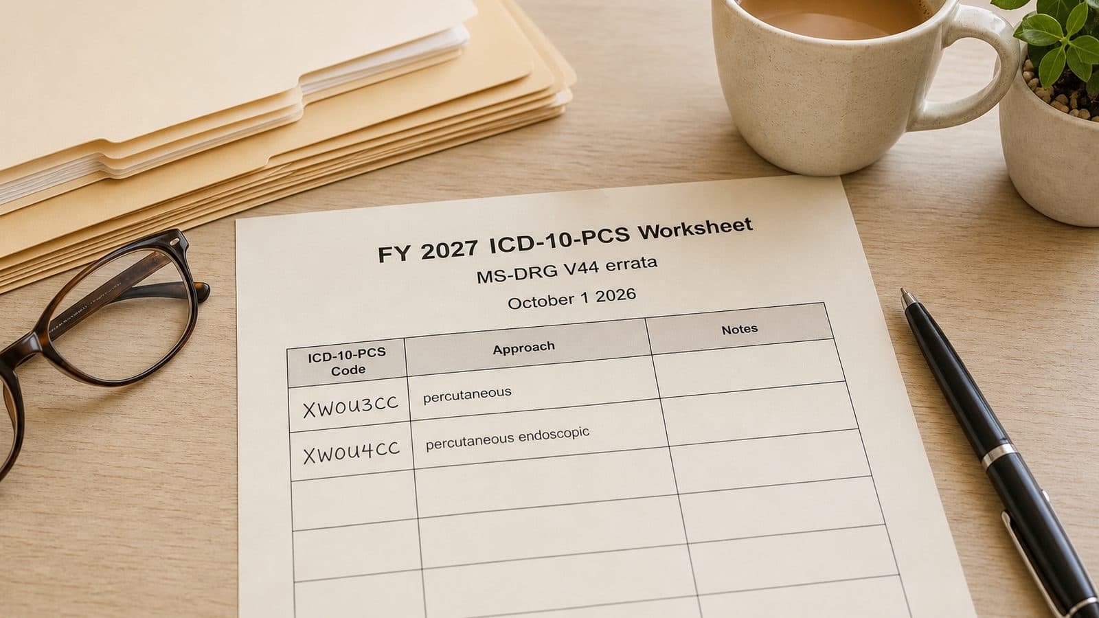A coder's FY 2027 ICD-10-PCS worksheet adds XW0U3CC and XW0U4CC from the MS-DRG Version 44 errata, effective October 1, 2026.