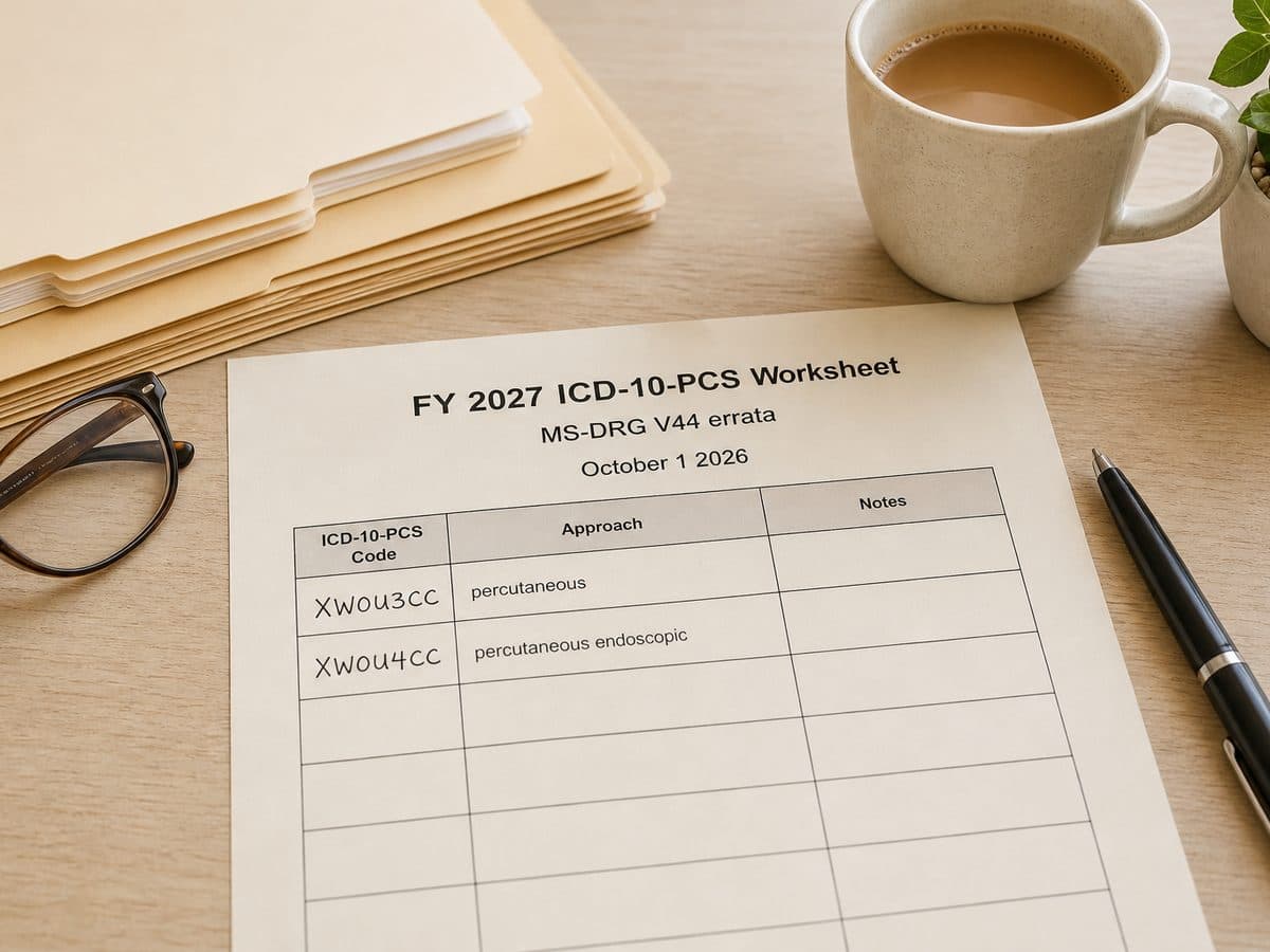 A coder's FY 2027 ICD-10-PCS worksheet adds XW0U3CC and XW0U4CC from the MS-DRG Version 44 errata, effective October 1, 2026.
