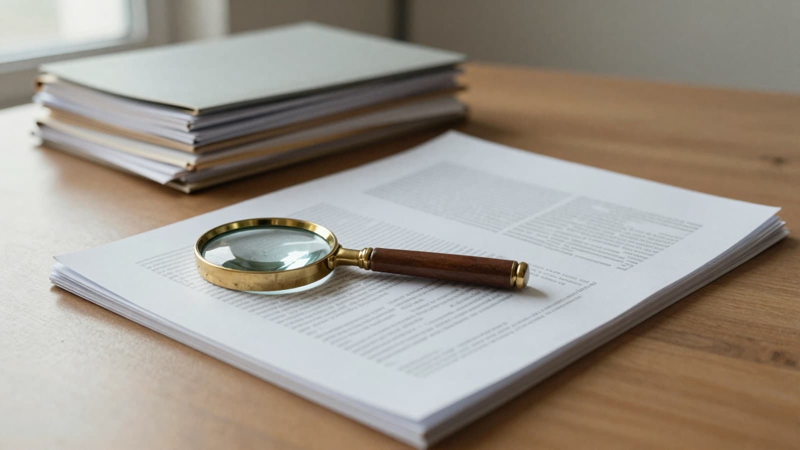 A magnifier resting on a printed report beside stacked chart folders, illustrating scrutiny of AI medical coding accuracy