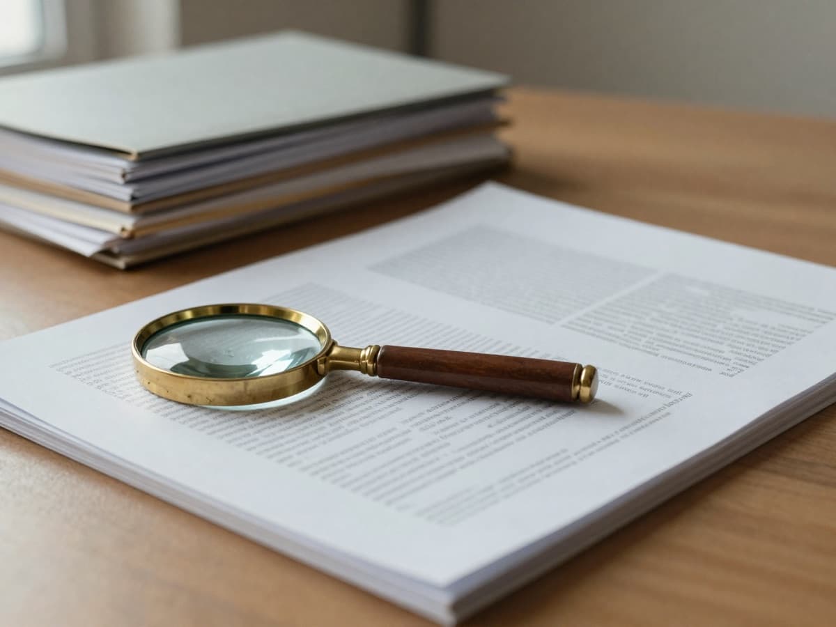 A magnifier resting on a printed report beside stacked chart folders, illustrating scrutiny of AI medical coding accuracy