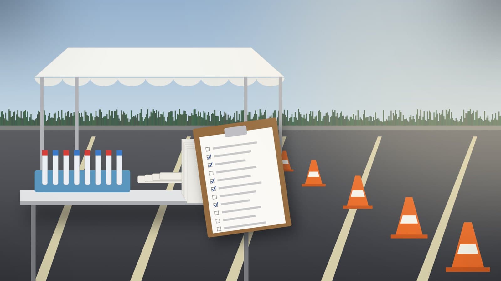 A drive-through testing tent with traffic cones, a swab kit tray, and a stack of templated chart forms, for a COVID-19 E/M billing FCA settlement
