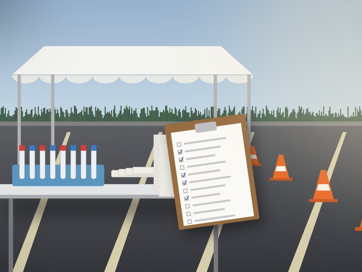 A drive-through testing tent with traffic cones, a swab kit tray, and a stack of templated chart forms, for a COVID-19 E/M billing FCA settlement