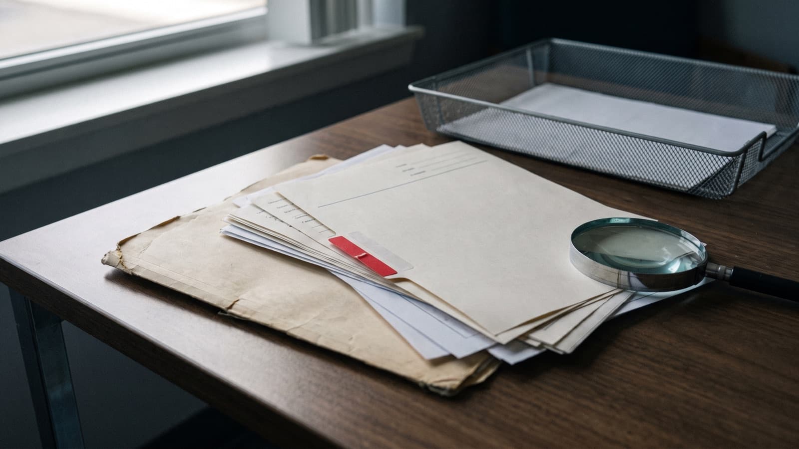 A thin chart folder flagged with a red tab beside a magnifier and an empty tray, illustrating how documentation gaps drive Medicare denials and paybacks.