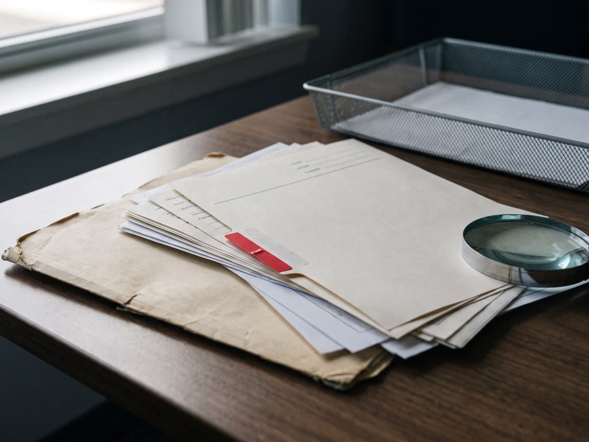 A thin chart folder flagged with a red tab beside a magnifier and an empty tray, illustrating how documentation gaps drive Medicare denials and paybacks.