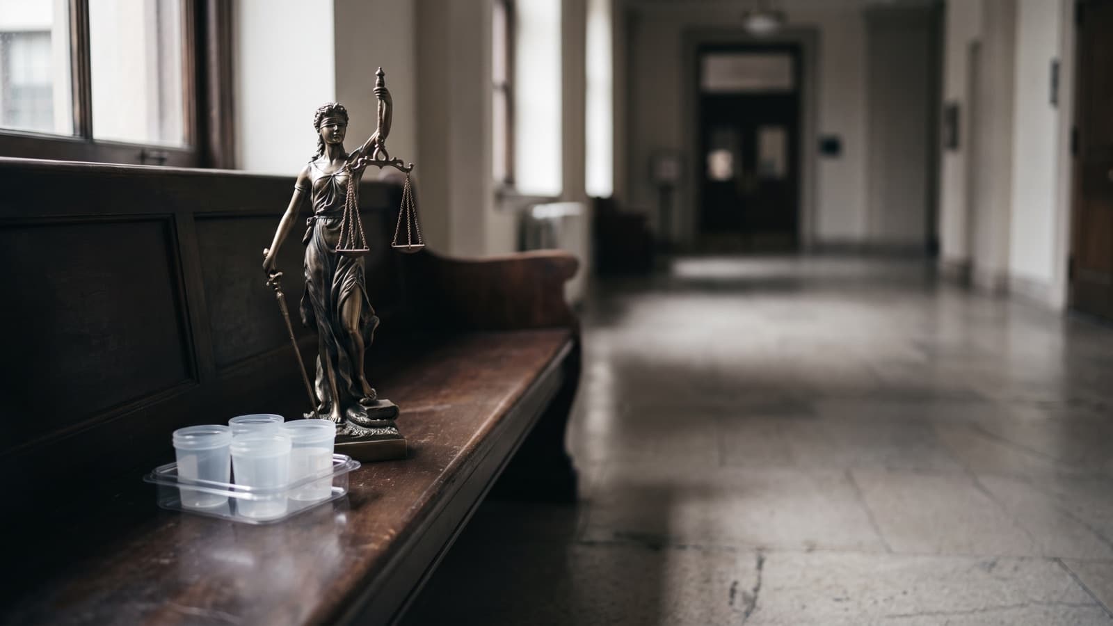 Scales of justice beside plain specimen cups on a courthouse bench, the urine drug testing billing at issue in the Labcorp settlement