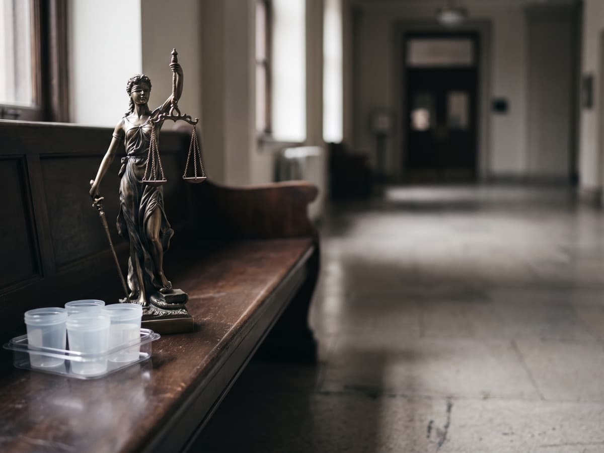 Scales of justice beside plain specimen cups on a courthouse bench, the urine drug testing billing at issue in the Labcorp settlement