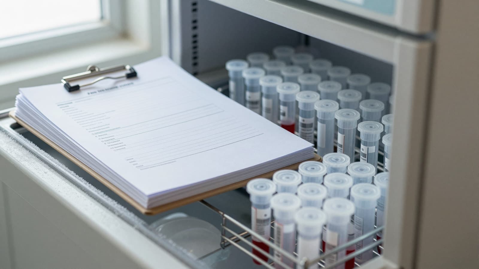 Blank lab requisition clipboards beside sealed specimen tubes in a frosted freezer rack, evoking the Magnolia respiratory panel settlement