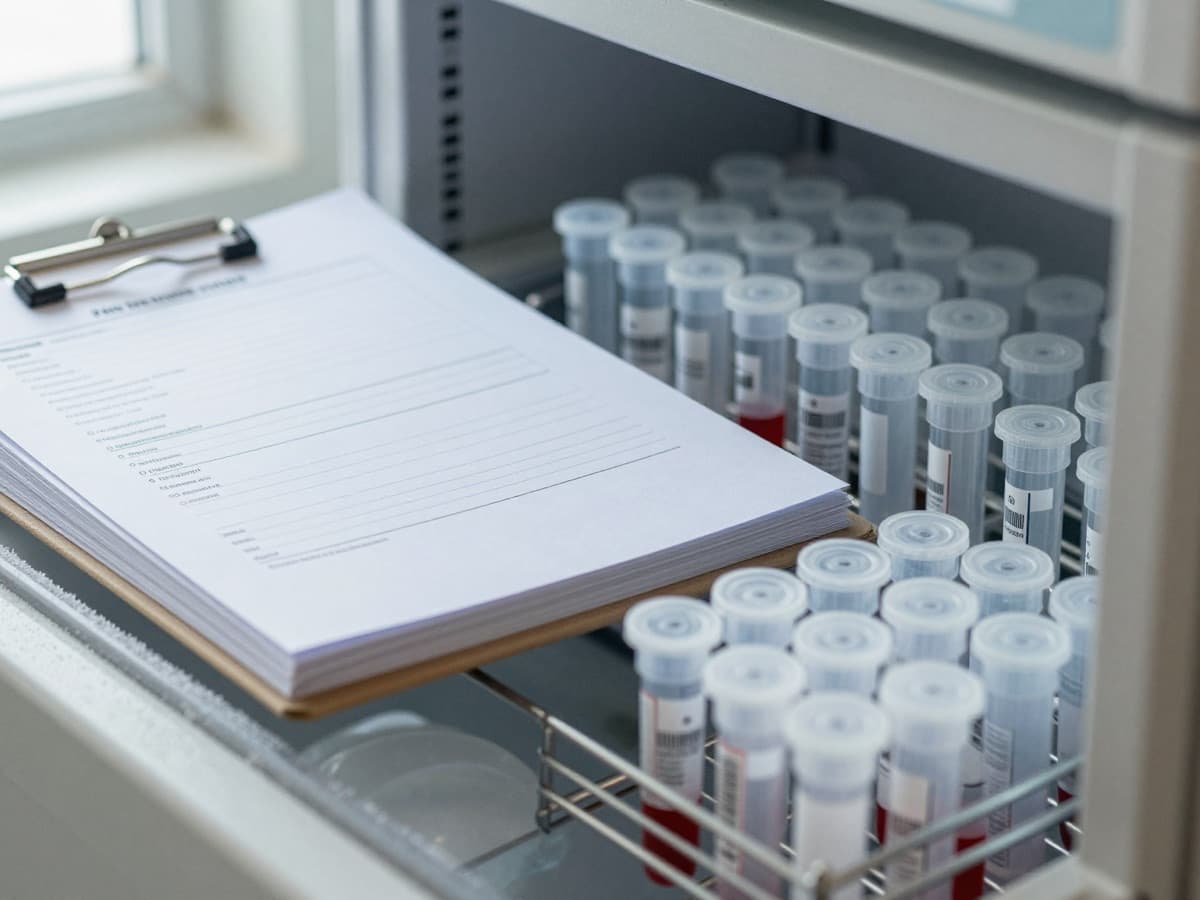 Blank lab requisition clipboards beside sealed specimen tubes in a frosted freezer rack, evoking the Magnolia respiratory panel settlement