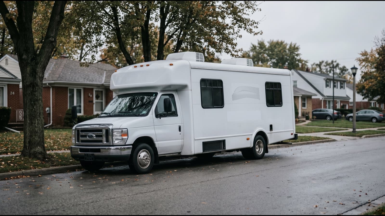 A white mobile health clinic bus parked on a suburban street, like the buses HealthFair used for mobile assessments