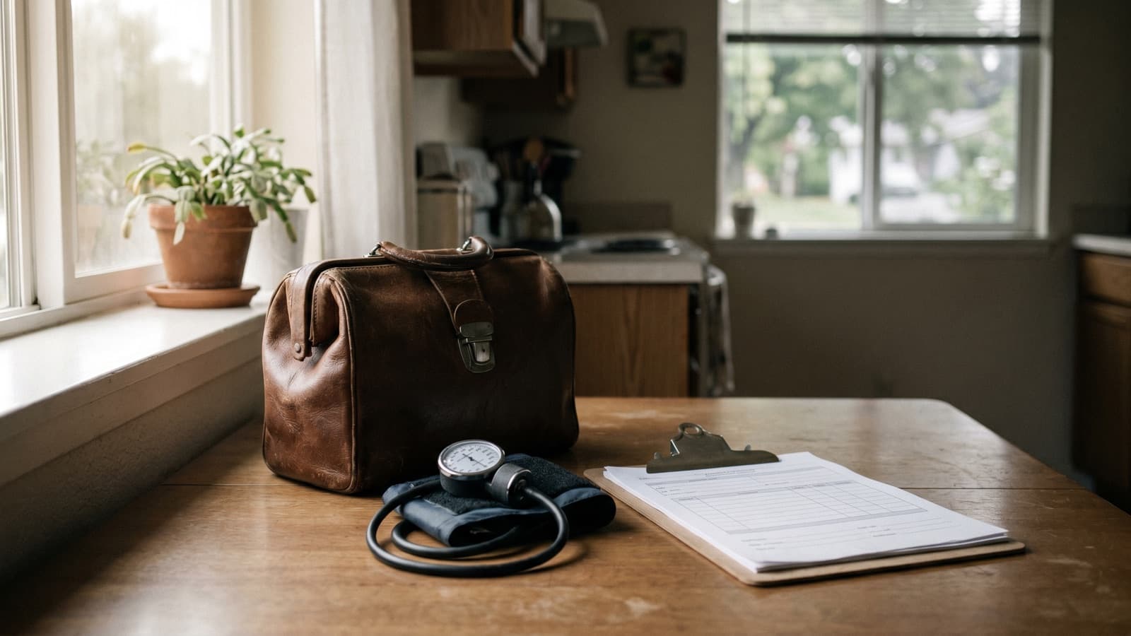 Doctor's bag, blood pressure cuff, and blank assessment forms on a kitchen table, the in-home visits behind the $56.5M FCA settlement