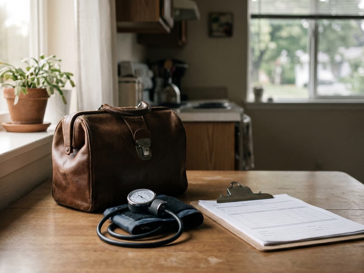 Doctor's bag, blood pressure cuff, and blank assessment forms on a kitchen table, the in-home visits behind the $56.5M FCA settlement
