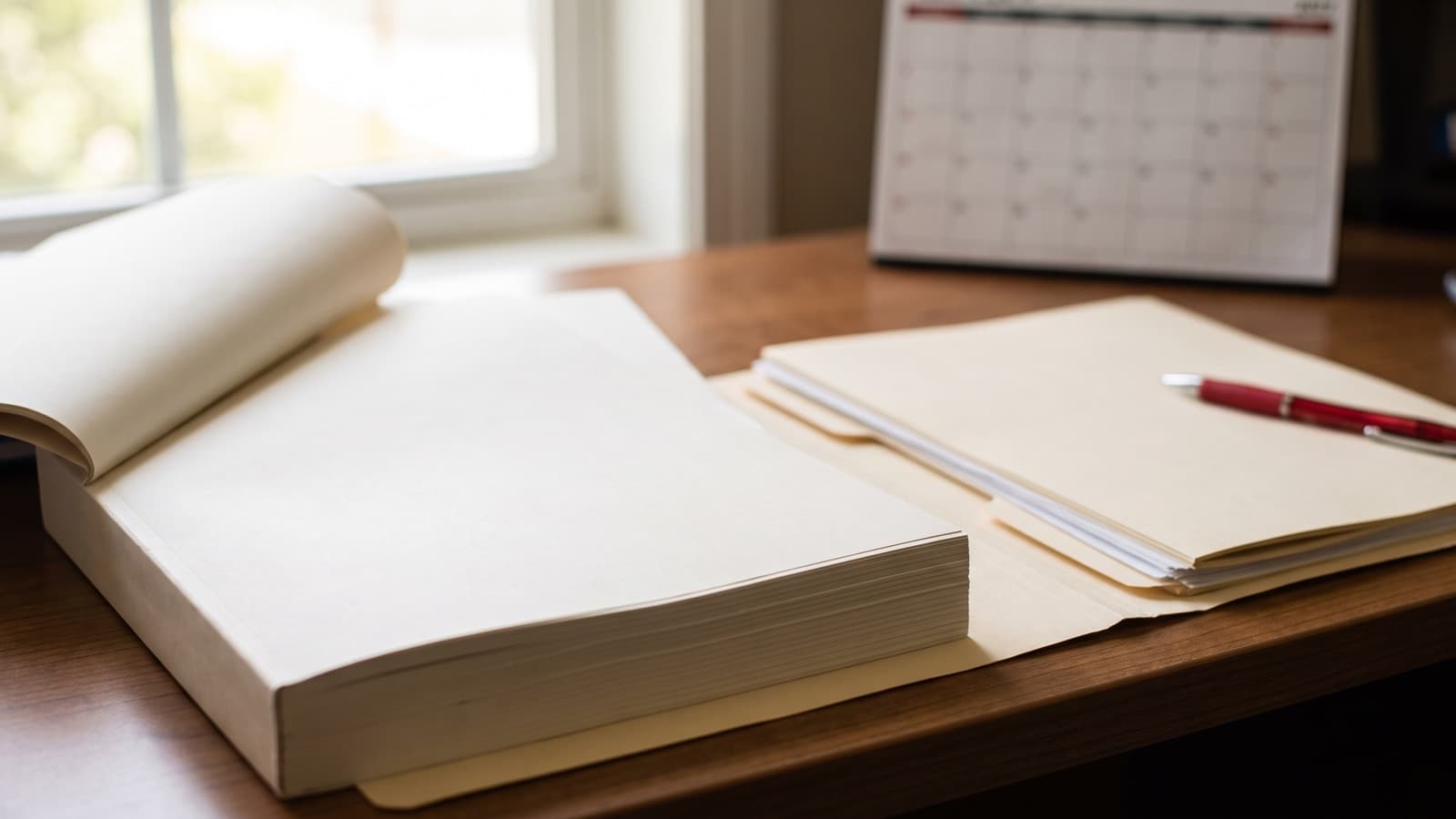 A thick unmarked rule document beside a folder of blank draft notes with a red review pen, illustrating CMS's proposed MIPS AI improvement activity and clinician review.