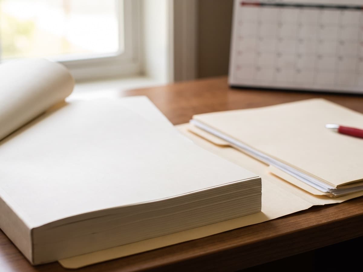 A thick unmarked rule document beside a folder of blank draft notes with a red review pen, illustrating CMS's proposed MIPS AI improvement activity and clinician review.