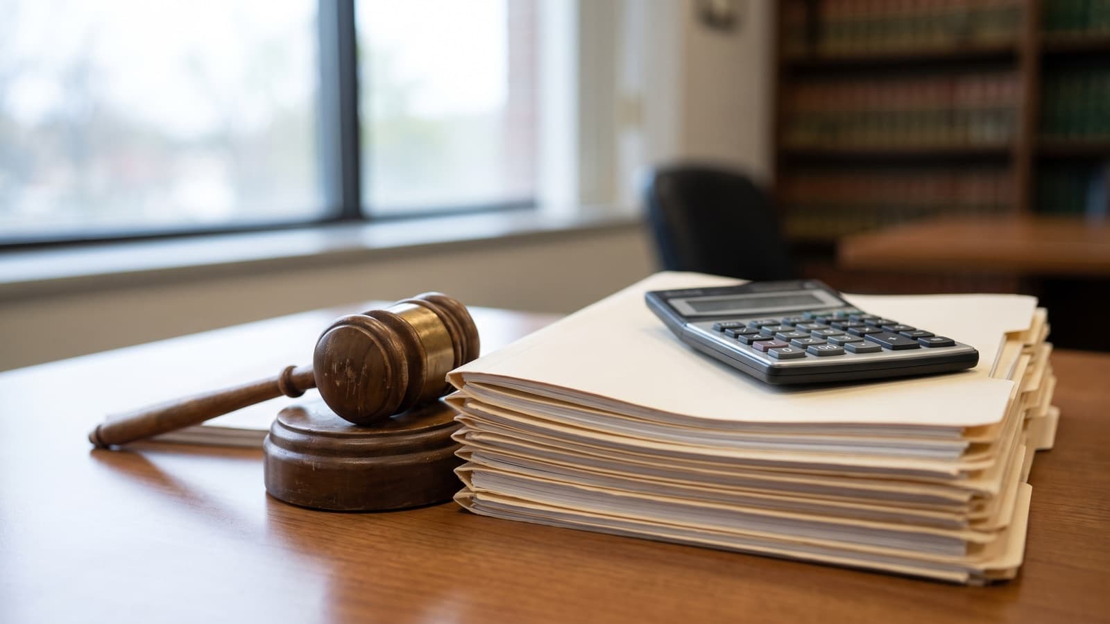 A gavel and a stack of Medicare chart folders beside a calculator, the risk-adjustment diagnosis coding at issue in the Monogram Health settlement