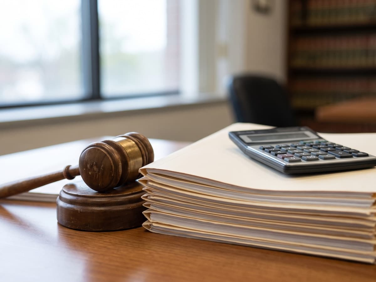 A gavel and a stack of Medicare chart folders beside a calculator, the risk-adjustment diagnosis coding at issue in the Monogram Health settlement