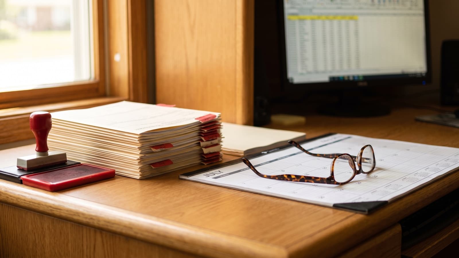 Paper claim forms flagged with red tabs beside a rubber stamp and a July desk calendar, illustrating NCCI quarterly claim edit denials