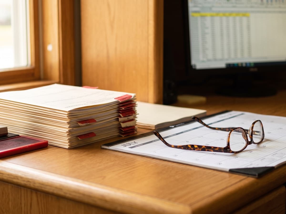 Paper claim forms flagged with red tabs beside a rubber stamp and a July desk calendar, illustrating NCCI quarterly claim edit denials
