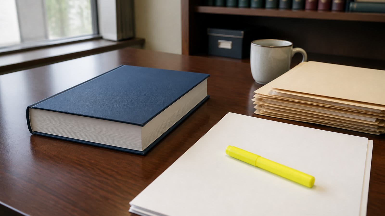 A coder desk with a codebook, folders, and a highlighter, standing in for the January 2027 NCD ICD-10 coverage-edit update.