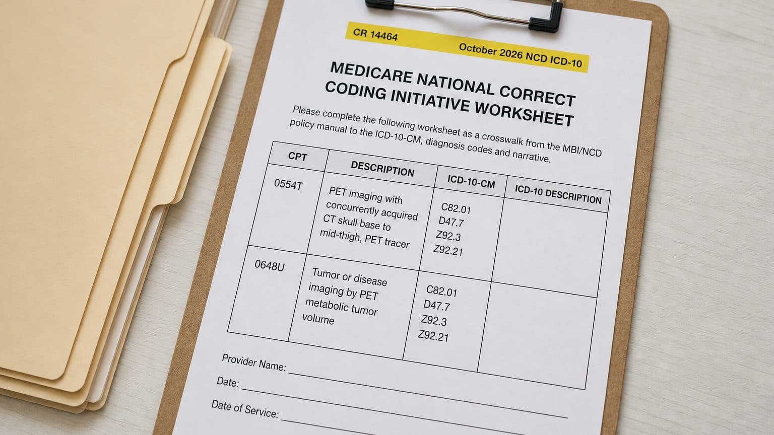 A claims worksheet highlights CR 14464 October 2026 NCD ICD-10 coding revisions for PET tracers, 0554T-0558T, and 0648U.