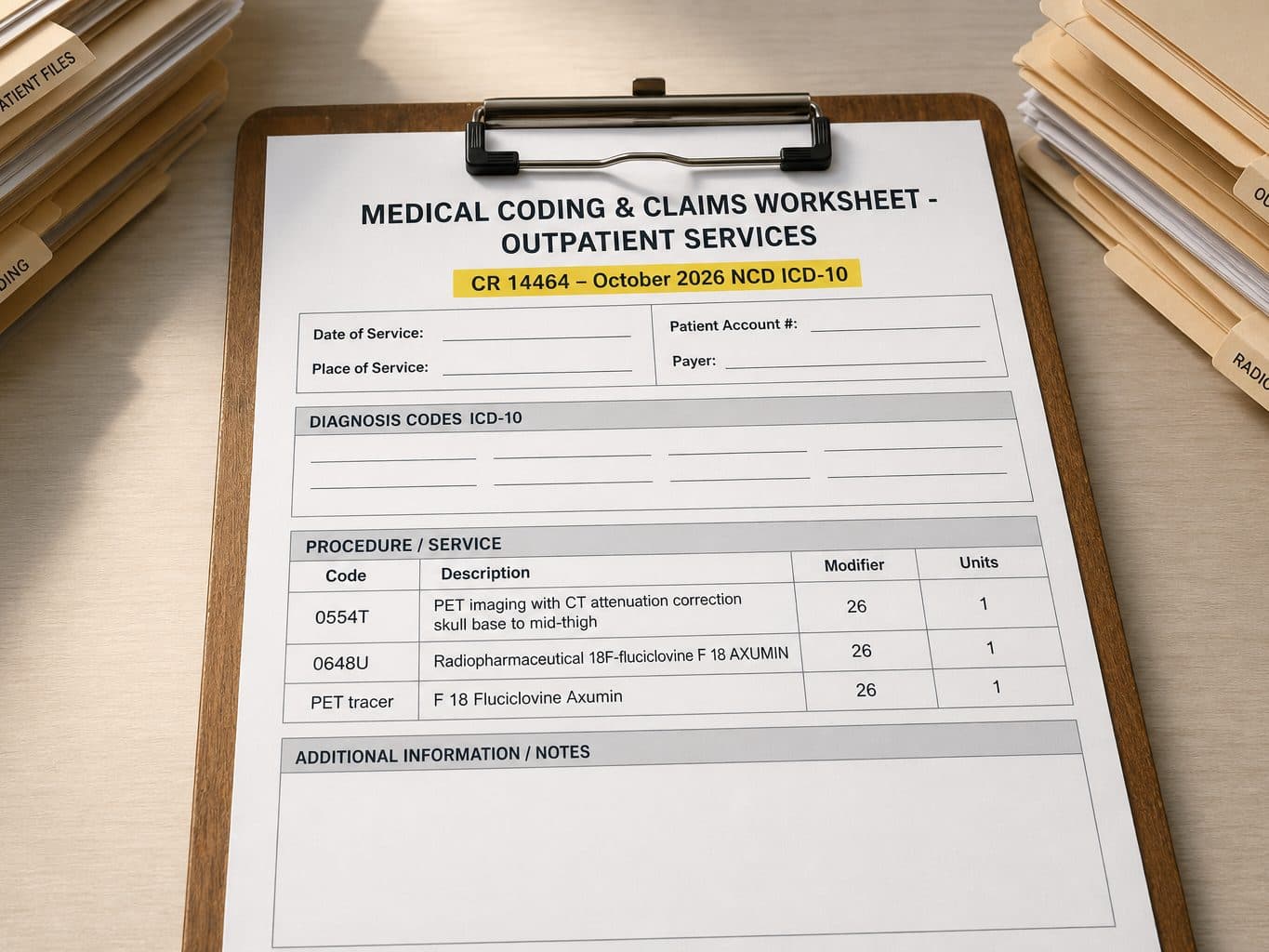 A claims worksheet highlights CR 14464 October 2026 NCD ICD-10 coding revisions for PET tracers, 0554T-0558T, and 0648U.