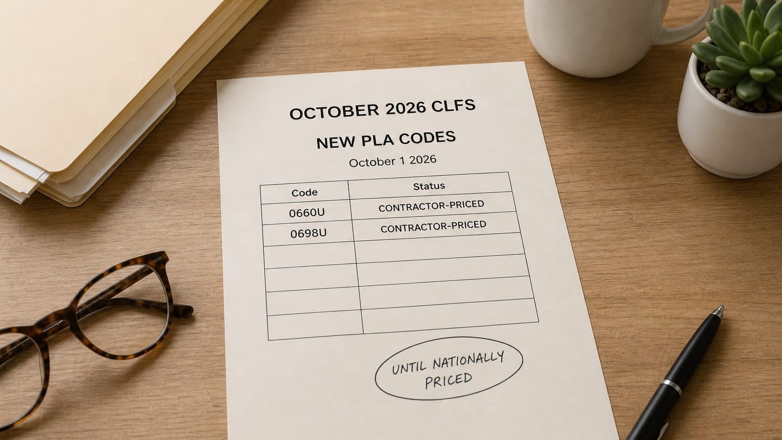 A lab chargemaster worksheet marks October 2026 CLFS new PLA codes as contractor-priced until nationally priced, effective October 1, 2026.