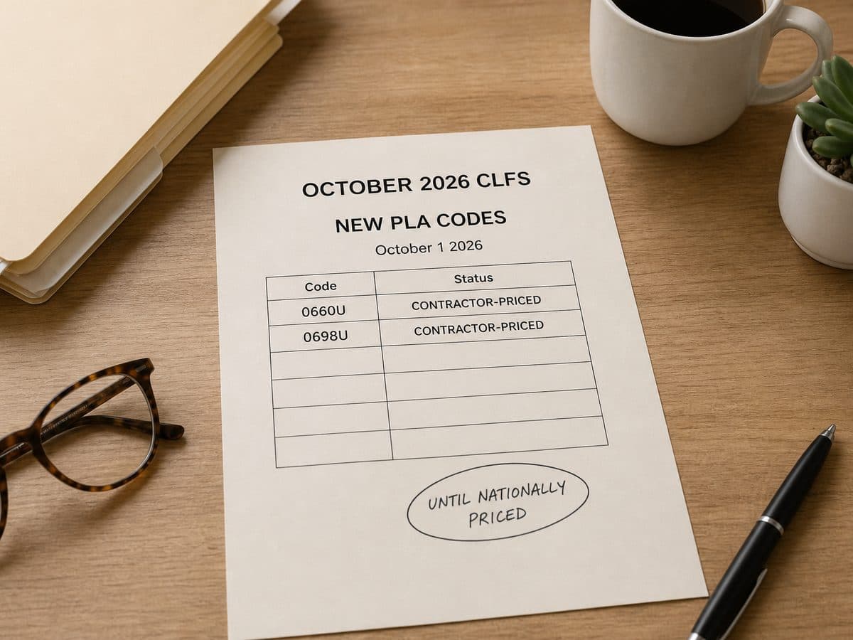 A lab chargemaster worksheet marks October 2026 CLFS new PLA codes as contractor-priced until nationally priced, effective October 1, 2026.
