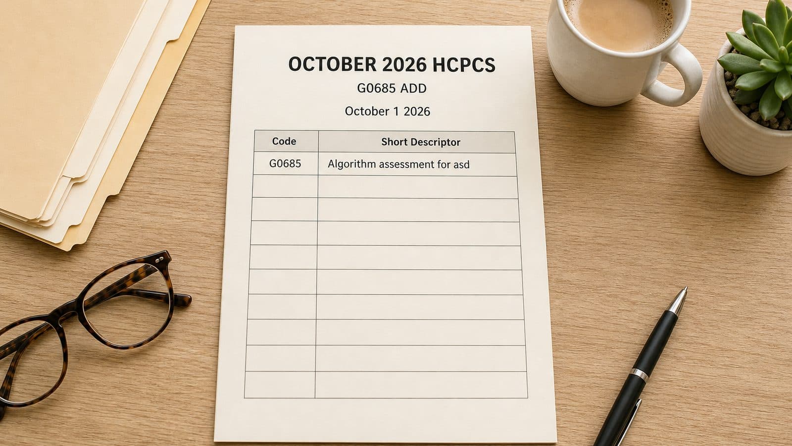 A coder's October 2026 HCPCS worksheet adds G0685 for algorithm-based ASD assessment, effective October 1, 2026.