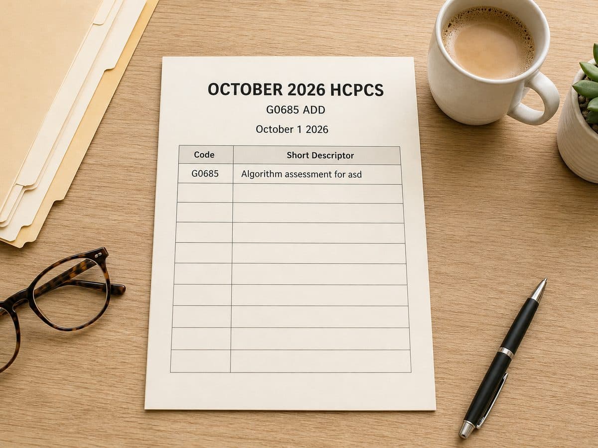 A coder's October 2026 HCPCS worksheet adds G0685 for algorithm-based ASD assessment, effective October 1, 2026.