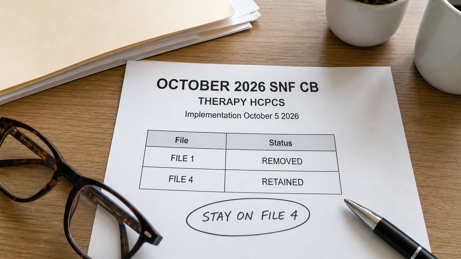 A SNF billing worksheet marks therapy HCPCS as removed from Part B File #1 and kept on File #4 in the October 2026 SNF CB update.