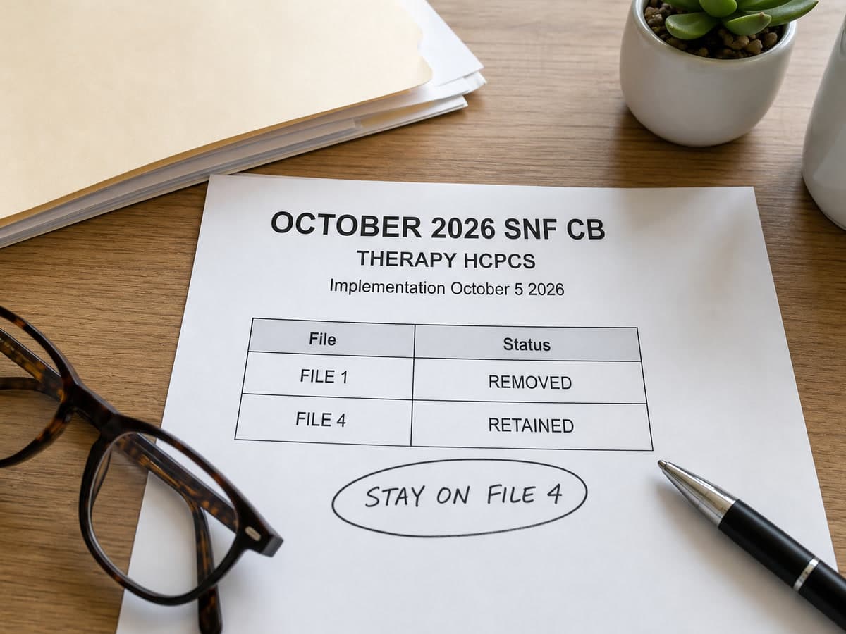 A SNF billing worksheet marks therapy HCPCS as removed from Part B File #1 and kept on File #4 in the October 2026 SNF CB update.