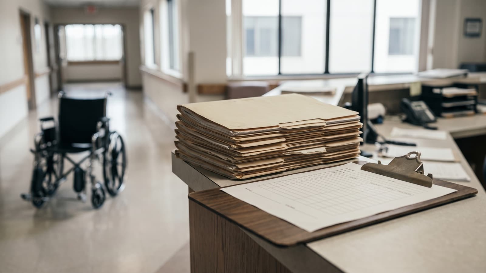 Chart folders and a clipboard at a nursing facility nurses station, the kind of records behind an OIG audit of nursing home Part B billing.