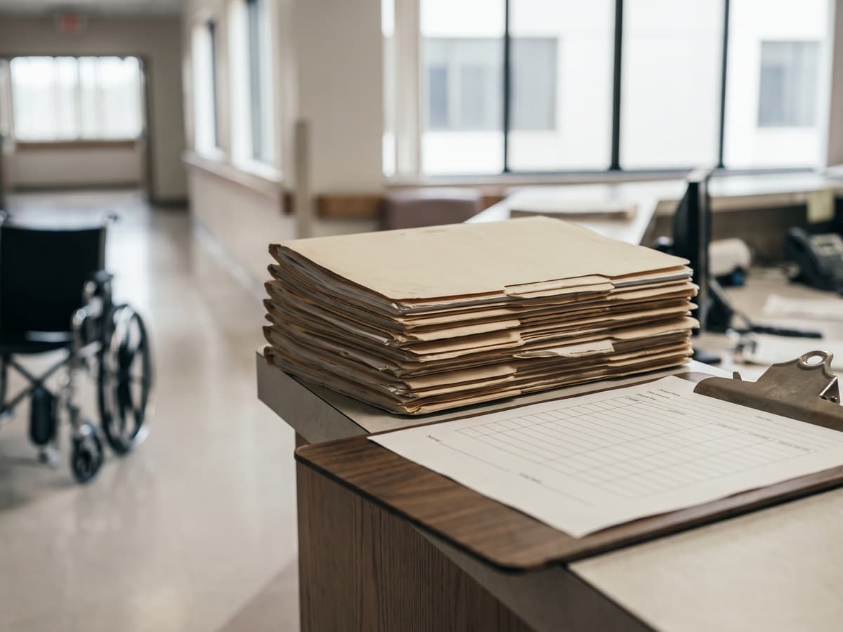 Chart folders and a clipboard at a nursing facility nurses station, the kind of records behind an OIG audit of nursing home Part B billing.