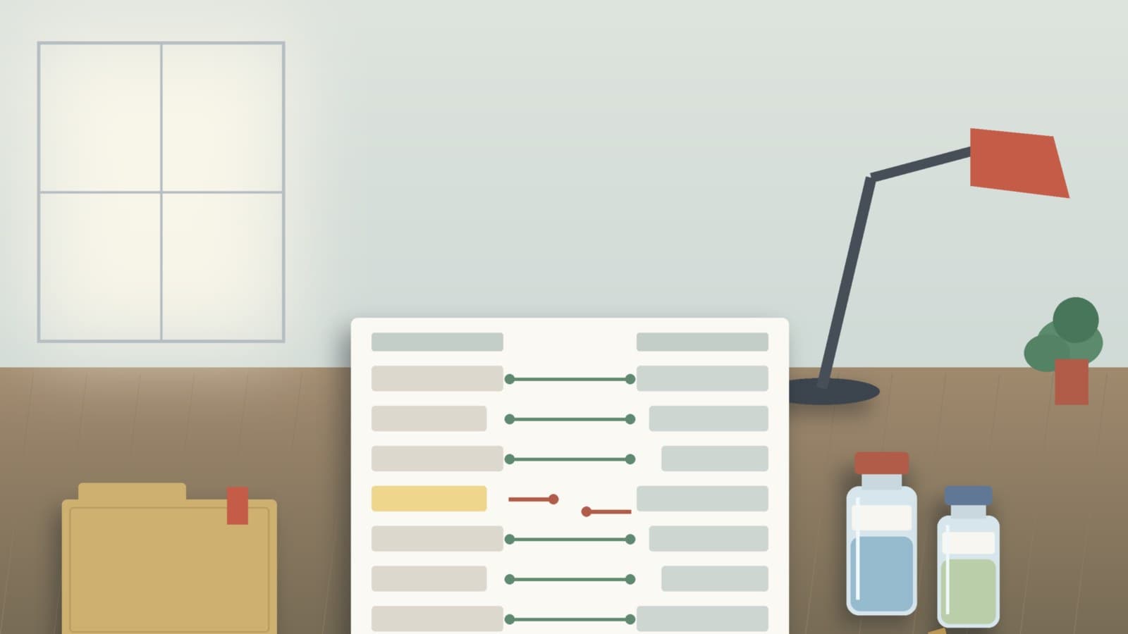 Billing desk with two unlabeled medicine vials beside a two-column ledger where one row's link is broken, for an OIG drug crosswalk story