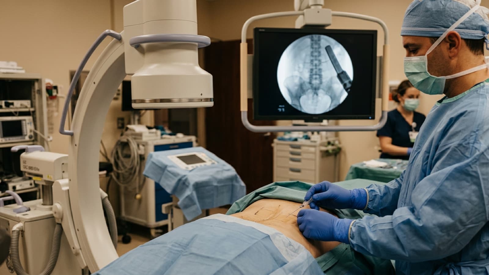 A fluoroscopy-guided spinal injection in a pain-management suite, the kind of sacroiliac joint procedure OIG audited for documentation.