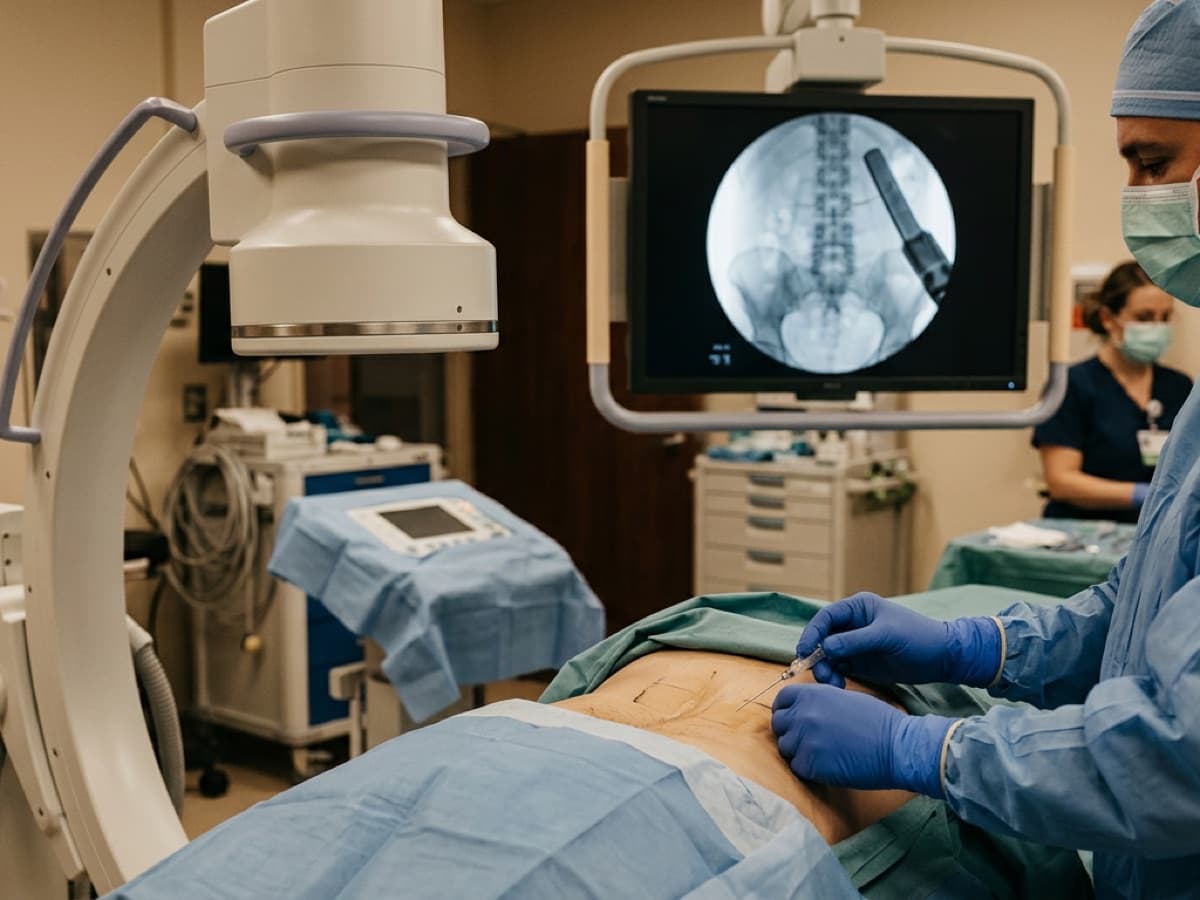A fluoroscopy-guided spinal injection in a pain-management suite, the kind of sacroiliac joint procedure OIG audited for documentation.