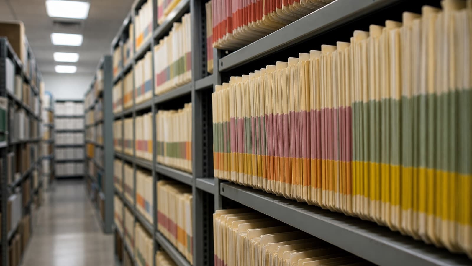 Rows of color-coded medical record files on metal shelving in a records room, the documentation OIG sampled for stroke diagnoses