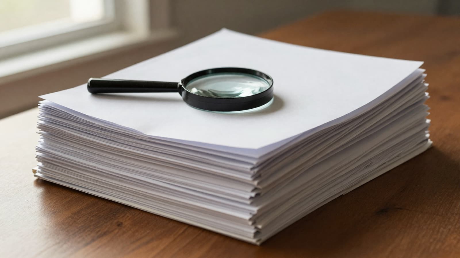 Magnifying glass resting on a stack of medical record documents, depicting the OIG audit of unsupported acute stroke diagnoses