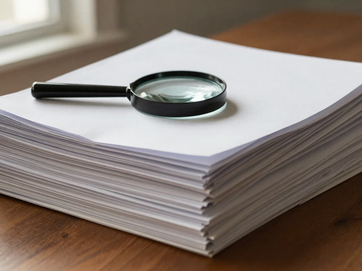 Magnifying glass resting on a stack of medical record documents, depicting the OIG audit of unsupported acute stroke diagnoses