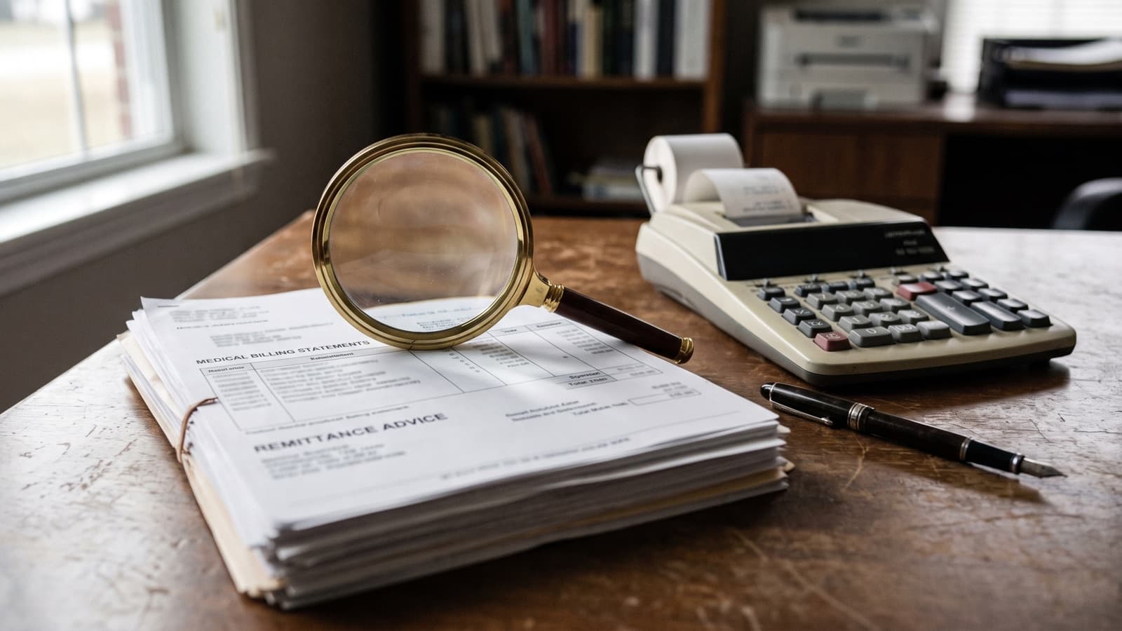 A magnifier over billing statements and a calculator, the records behind an OIG audit of Part B payments that exceeded billed charges.